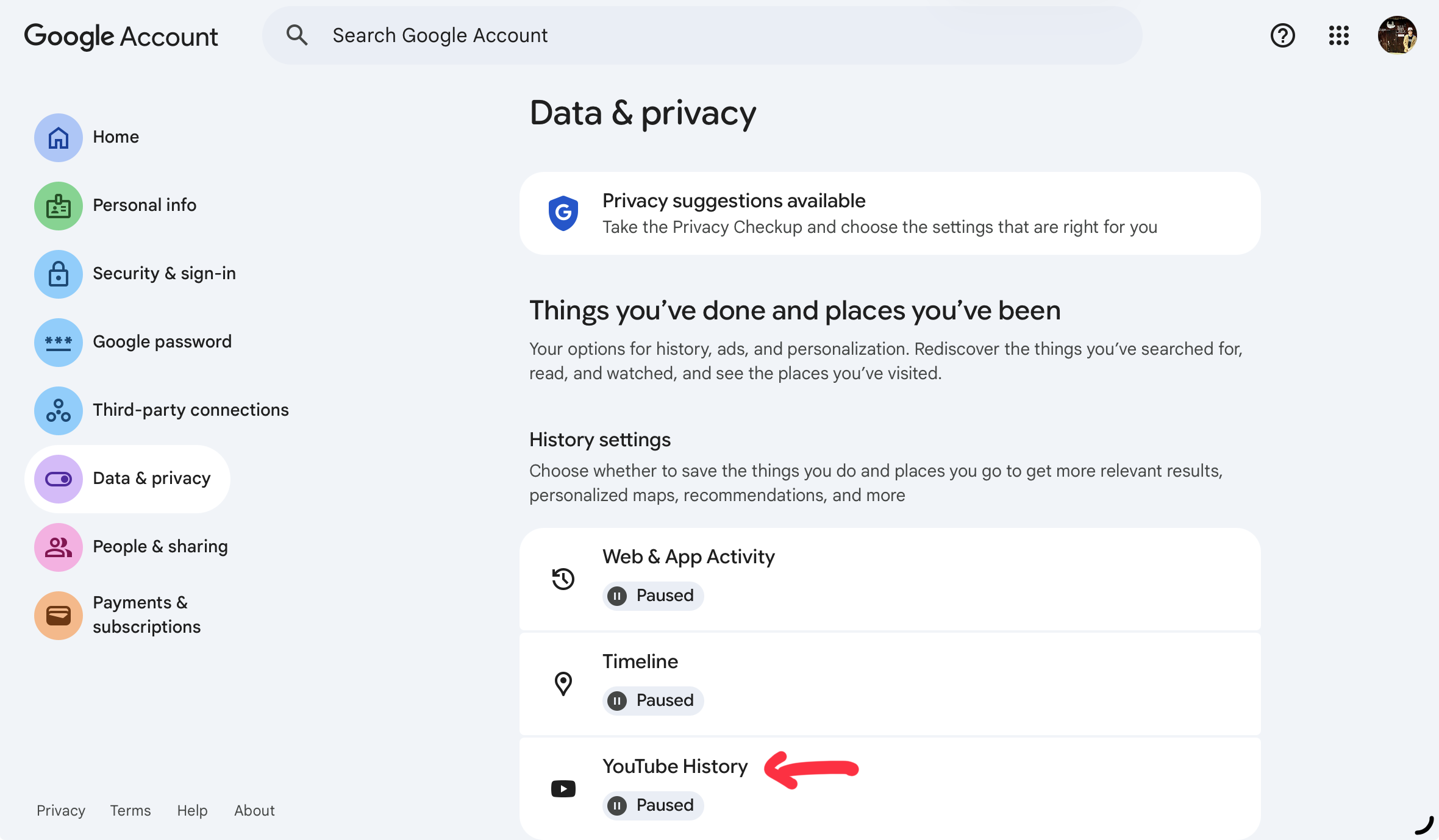 หน้าจอ Data & Privacy