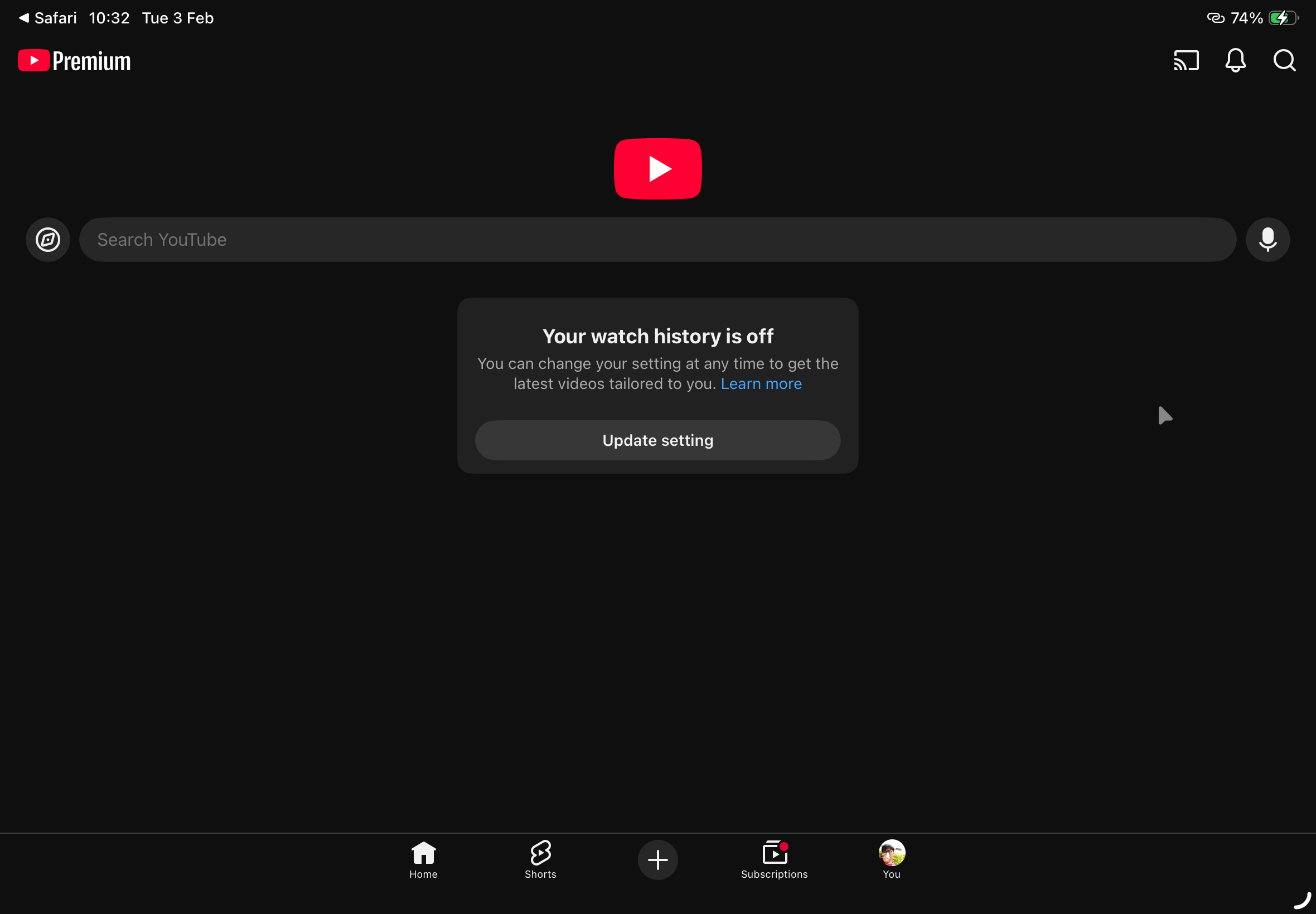 หน้าหลักของยูทูปที่ไม่มีวิดีโอมาแนะนำ